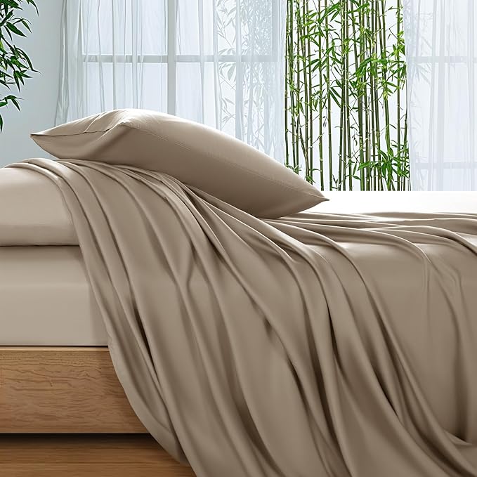 SONORO KATE 100% Viscose Derived from Bamboo_Sheets, Ultra Breathable & Cooling Bed Sheets for Hot Sleepers, Hotel Luxury Silky Bedding Sheets, 16" Deep Pocket - 4PC (Simply Taupe,Cal King)