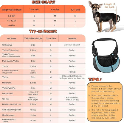 YUDODO Pet Sling Carrier for 2-5 lbs Small Dogs & Cats – Hands-Free Puppy Carrier with Safety Hook, Large Zipper Pocket, Soft Breathable Mesh, Adjustable Strap & Reflective Strip (Cyan 3.0 S)