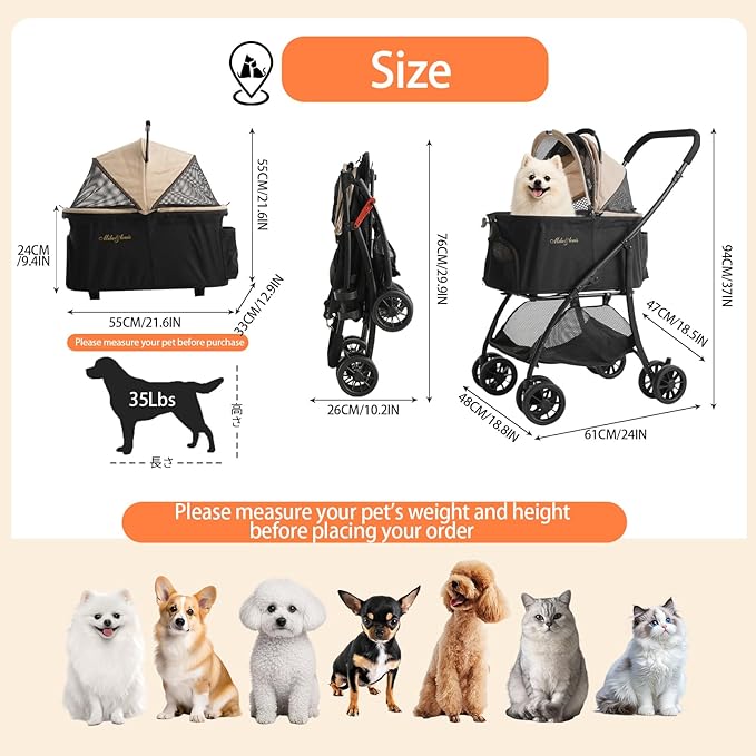 MILA&LOUIS Dog Stroller, 22" Pet Cradle for Small Dog, Pet Stroller with 4 Pu Wheels, 10Lbs Ultra-Light Dog&Cat Stroller for Small Pets, Max 35Lbs Capacity Detachable & Foldable Design with Cup Holder