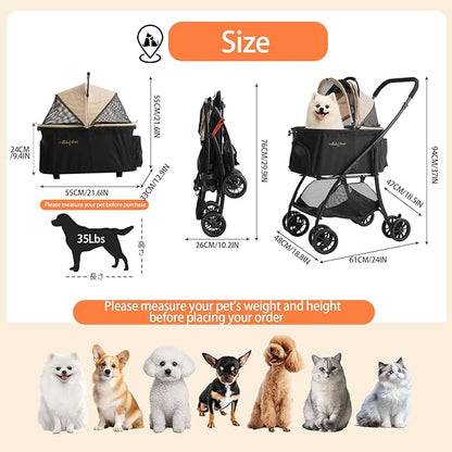 MILA&LOUIS Dog Stroller, 22" Pet Cradle for Small Dog, Pet Stroller with 4 Pu Wheels, 10Lbs Ultra-Light Dog&Cat Stroller for Small Pets, Max 35Lbs Capacity Detachable & Foldable Design with Cup Holder