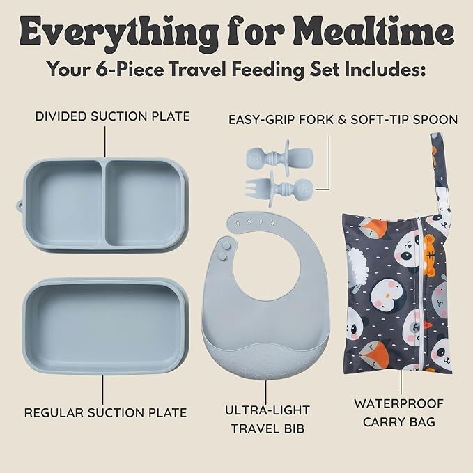 Baby Travel Essentials 6 Pc Silicone Feeding Set - Portable Toddler Plates with Suction, Baby Spoons & Foldable Bib in Carrying Case - BPA-Free Infant & Toddler Utensils for Airplanes & Eating Out