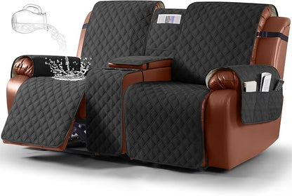 Ruaozz Waterproof Loveseat Recliner Cover with Console Non-Slip Reclining Couch Covers Split Sofa Slipcovers with Elastic Straps Furniture Protector for Kids, Dogs, Pets (Black, 2 Seater)