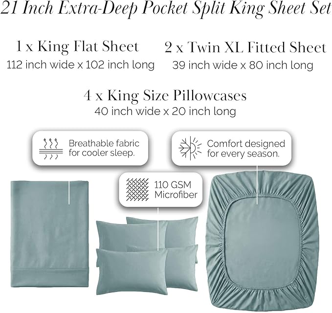 Southshore Fine Living, Inc. 7-Piece Split King Sheets Sets for Adjustable Bed, 21-Inch Deep Pocket King Sheet Set, Microfiber Sheet Set, Luxury Bedding, Blue Pillow Cases, Steel Blue Sheets