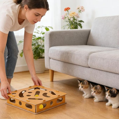 Cat Nail File Enrichment Box, Scratch Puzzle, Stress-Free Nail Care Alternative, Interactive Maze Scratcher with Bell Ball for Indoor Cats
