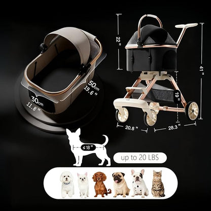All-Terrain Pet Stroller for Small Medium Dogs & Cats, 20 lbs Capacity - Portable Carrier with One-Touch Brake, Lightweight Foldable Design & Shock Absorption Wheels,Pink