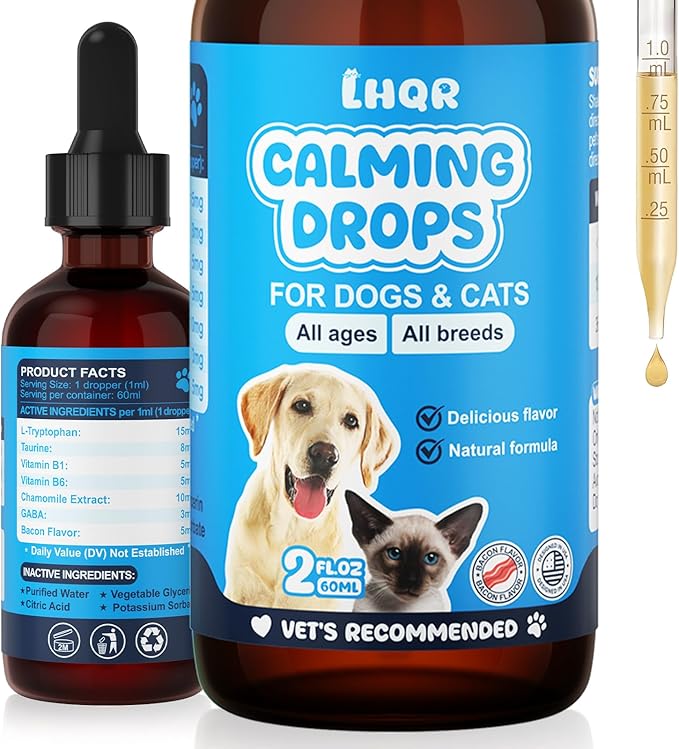 Cat Melatonin Natural Calming Liquid - 60ML Calming Drops for Dog for Anxiety & Stress Relief - Separation, Thunder, Fireworks Support - Calming Pet Supplement for Small Large All Breeds