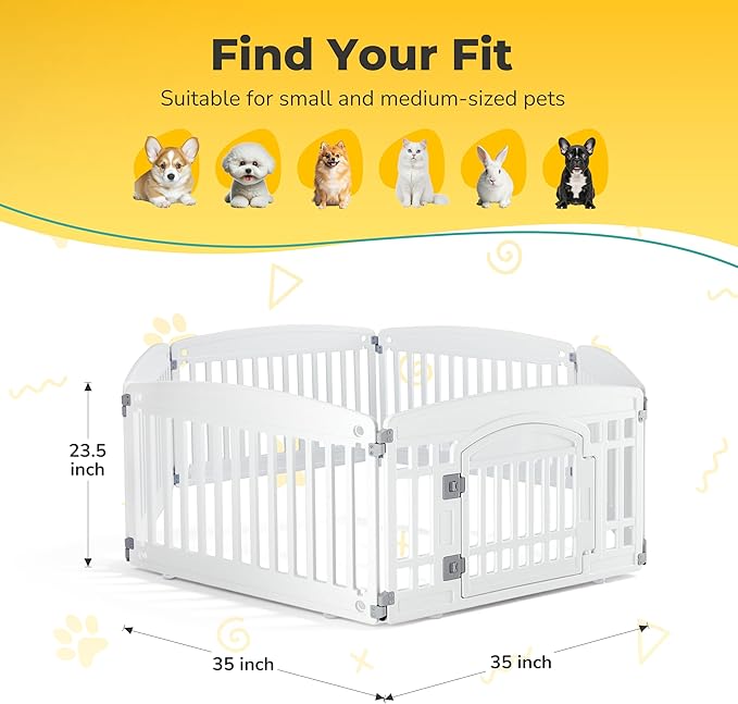 24" Plastic Dog Playpen 6-Panel Durable Pet Playpen for Puppies & Small/Medium Dogs, Portable & Foldable Pet Fence with Secure Locking Door, White