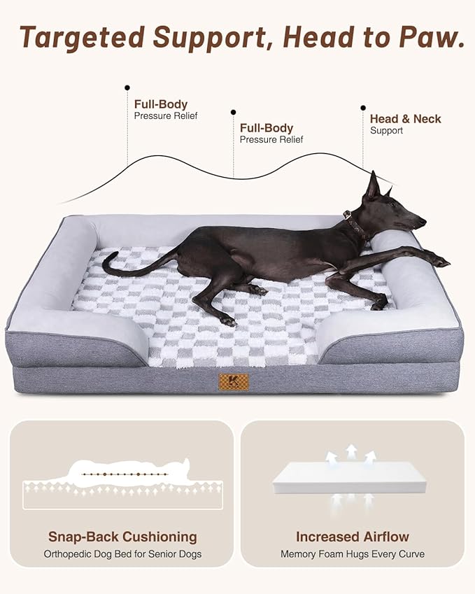 KSIIA Waterproof Dog Bed Orthopedic for Large Senior Dog Couch with Sides, Extra Thick Supportive Pet Bed Sofa with Soft Plush Cover and Non-Slip Bottom, 44 x 32 Inch, Brown
