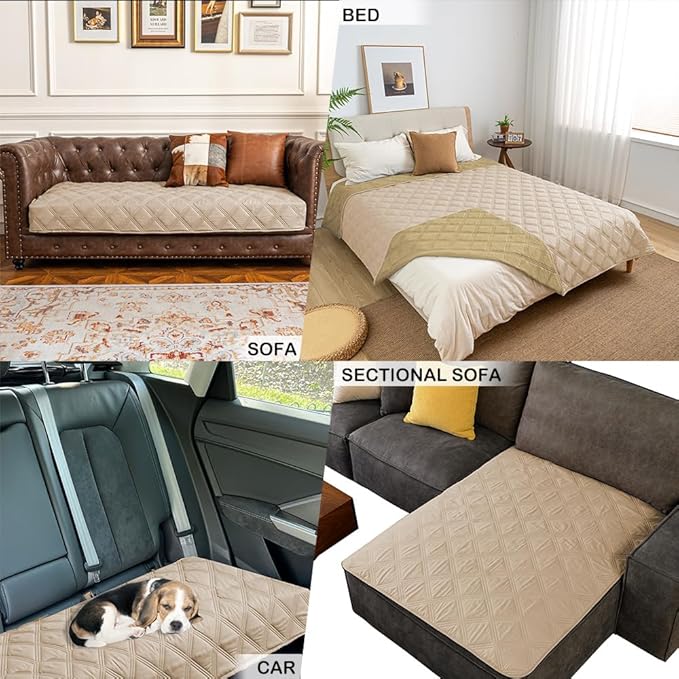 fuguitex Waterproof Dog Blanket Reversible for Small Dogs Resistant Leakproof Washable Couch Cushion Bed Protector Cover for Indoor Furniture Pet Friendly（68"*82",Beige+Taupe