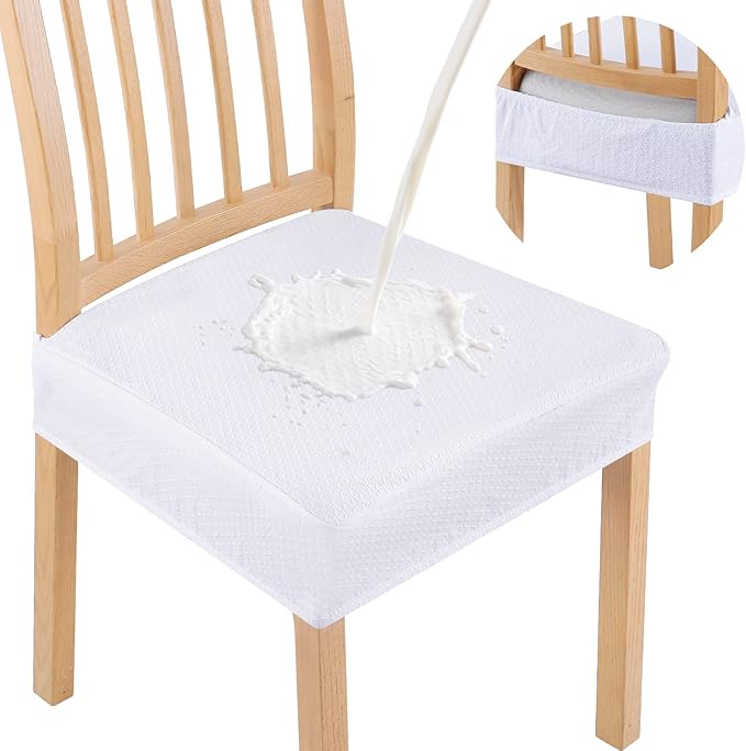 Smiry Waterproof Seat Covers for Dining Room Chairs Set of 2, Stretch Jacquard Removable Washable Chair Seat Slipcovers Protector, No Rear Covers, White