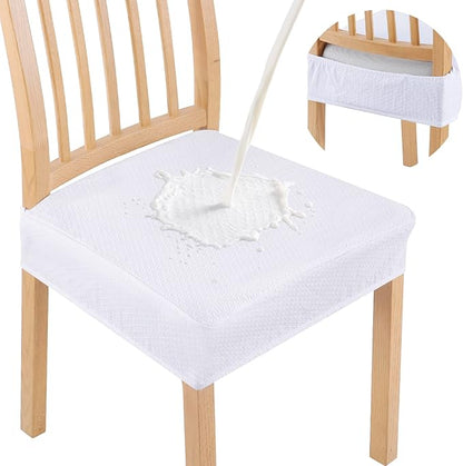 Smiry Waterproof Seat Covers for Dining Room Chairs Set of 8, Stretch Jacquard Removable Washable Chair Seat Slipcovers Protector, No Rear Covers, White