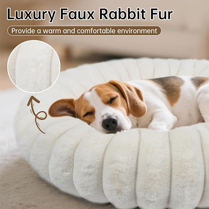 Warming Faux Rabbit Fur Pet Beds – Luxurious Donut Dog & Cat Bed, Anti-Anxiety Calming Cuddler Bed for Small Medim Dogs, Washable Round Puppy Kitten Beds, Non-Slip Bottom(31x31x8, White)