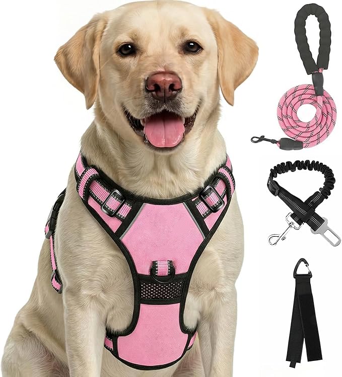 FURRYFECTION Plaid Dog Harness for Small Dogs, Reflective No Pull Adjustable Pet Vest with Front Clip, Leash, Easy Control Handle and Seat Belt, Pink, S