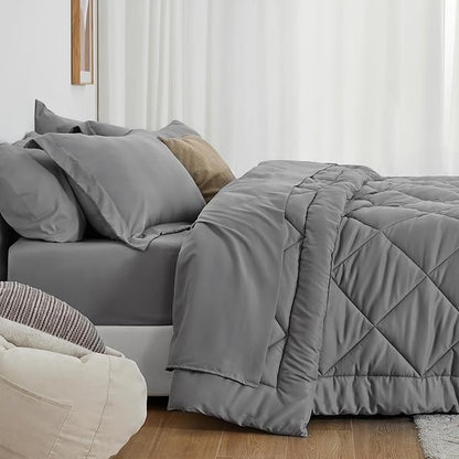Love's cabin Queen Comforter Set Grey, 7 Pieces Queen Bed in a Bag, All Season Bedding Sets with 1 Comforter, 1 Flat Sheet, 1 Fitted Sheet, 2 Pillowcase and 2 Pillow Sham