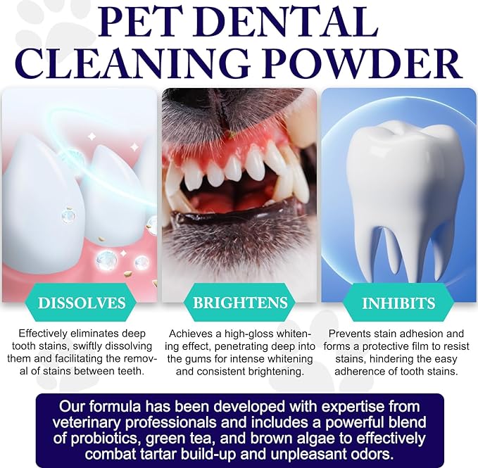 Dog Teeth Cleaning Powder - Dog Dental Powder - Dog Breath Freshener - Targets Tartar & Reduces Plaque & Bad Breath - Teeth Cleaning Made Easy Eliminate - Formulated for Small, Medium, Large Dogs