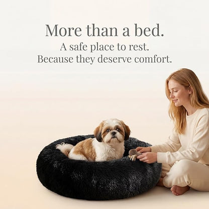 Calming Donut Dogs Beds for Small Dogs Washable,23inch Plush Round Pet Bed for Cozy Sleep,Fluffy Faux Fur Large Cat Bed,Fits up to 25 lbs Pets,Black