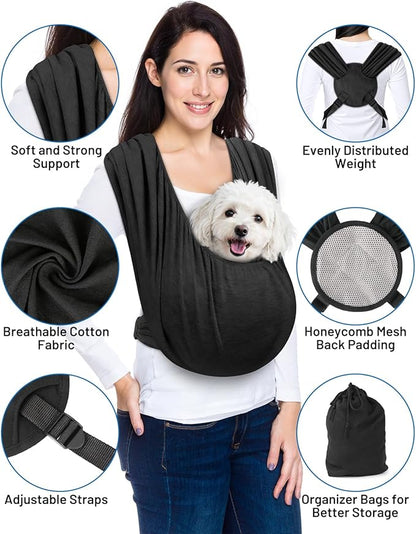 Dog Sling Carrier for Small Dogs, Front Pet Sling Carrier Chest, Adjustable Reducing Back Stress Cat Sling for Small Pet up to 20lbs, Hands Free Puppy Sling for Travel or Everyday Use (Black)
