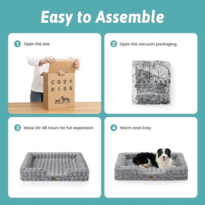 COZY KISS Orthopedic Dog Bed for Large Medium Size Dog, Soft and Warm Faux Fur Sofa for Pet Up to 75 lbs, Foam Bolster Anti-Slip Couch with Washable Removable Cover, L 36x27x6.5 inch, Grey