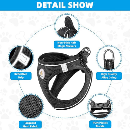 Hipubby Dog Harness and Leash Set, No Pull Soft Mesh Puppy Harness for Small Medium Dogs, Cats - Step in Reflective Breathable Lightweight Vest Harness for Walking, Training - Black, L