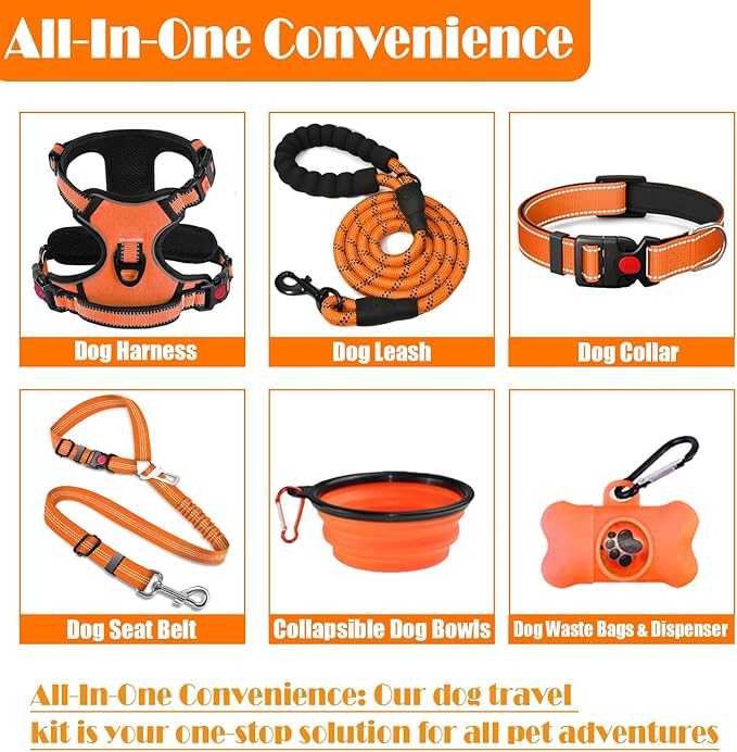 LOBEVE No Pull Dog Harness, Collar & Leash Set | Includes Dog Seat Belt, Collapsible Bowls & Poop Bag Dispenser. Ideal for Training, Walking, Hiking. Fits Small to Large Dogs(Orange-M)