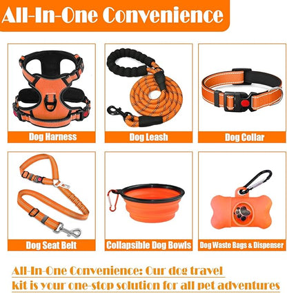 LOBEVE No Pull Dog Harness, Collar & Leash Set | Includes Dog Seat Belt, Collapsible Bowls & Poop Bag Dispenser. Ideal for Training, Walking, Hiking. Fits Small to Large Dogs(Orange-XL)