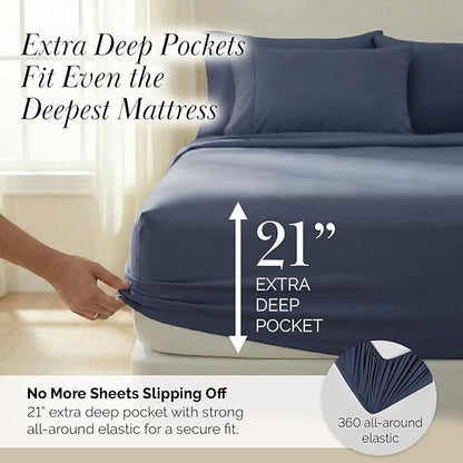 Southshore Fine Living, Inc. 21-Inch Extra Deep Pocket Queen Sheet Set, 6-Piece, Pet Hair Resistant Sheets Queen Size Bed Set Deep Pockets, Easy Care, Breathable, 4 Pillow Cases, Dark Blue Sheets