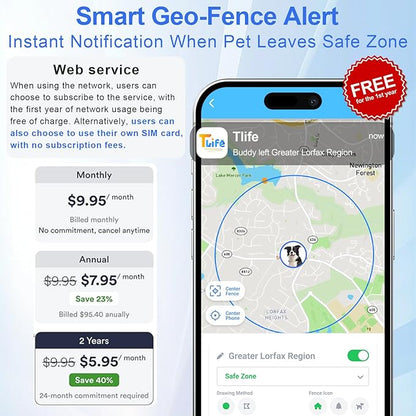 Smart Dog GPS Tracker Collar, First Year Free Subscription, Real-Time Location, Geo-Fence Alerts, Route History, IPX7 Waterproof, 4G Built-in SIM, Health Monitoring