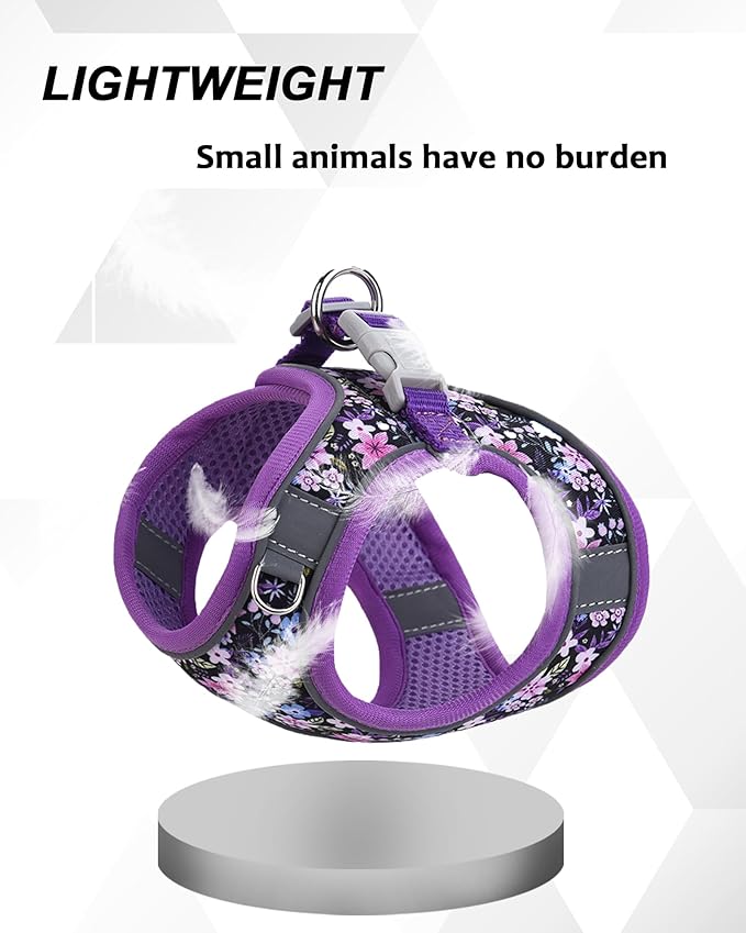 S Purple Flower Pattern Dog Harness and Leash Set,No Escape Puppy Harnesses for Training Walking，Breathable Adjustable Puppy Vest for Small Medium Dogs, Cats (Purple, S)