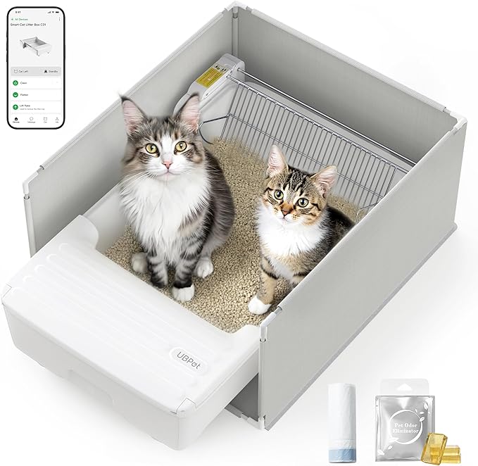 UBPET Open Top Automatic Litter Box, Self Cleaning Cat Litter Box with APP Control and Safety Sensor, Dual Rake, Odor Control, Large Capacity for Multiple Cats