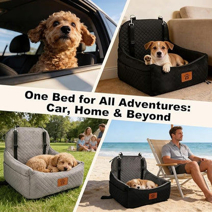 Small Dog Car Seat for Small Dogs Under 30 lbs, Memory Foam Pet Car Seat with Joint Relief & Washable Cover, Portable Travel Bed for SUV/Sedan (Black/Grey)