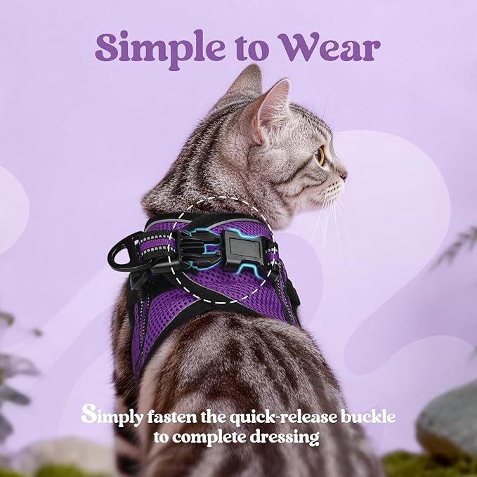 rabbitgoo Cat Harness and Leash Set for Walking Escape Proof, Adjustable Soft Kittens Vest with Reflective Strip for Cats, Comfortable Outdoor Vest, Purple, L