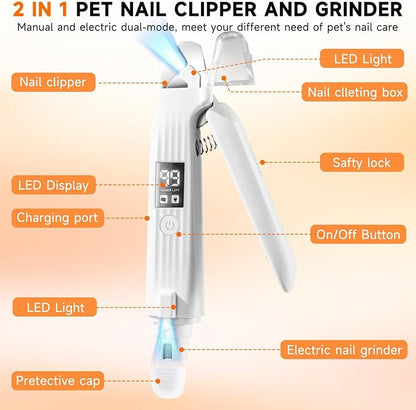 2 in 1 Dog Nail Clippers an Nail Grinder Pet Trimmers for Dogs Cats Claw Nail Care Tool USB Rechargeable Dogs Nail Trimmer with LED Lights and Storage Bag Low Noise Pet Electric Grinder