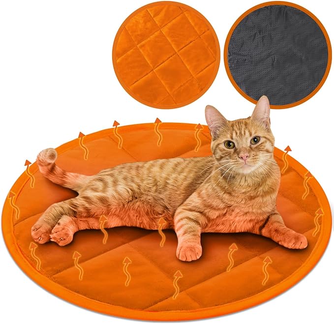 Drydiet 2 Pcs Self Warming Cat Mat Round Self Heating Pad Bed Reversible Machine Washable Heated Bed Anti Slip Warming Pad Pet Mat for Cat Crate Indoor Outdoor(Orange,16 Inch)