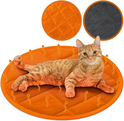 Drydiet 2 Pcs Self Warming Cat Mat Round Self Heating Pad Bed Reversible Machine Washable Heated Bed Anti Slip Warming Pad Pet Mat for Cat Crate Indoor Outdoor(Orange,16 Inch)