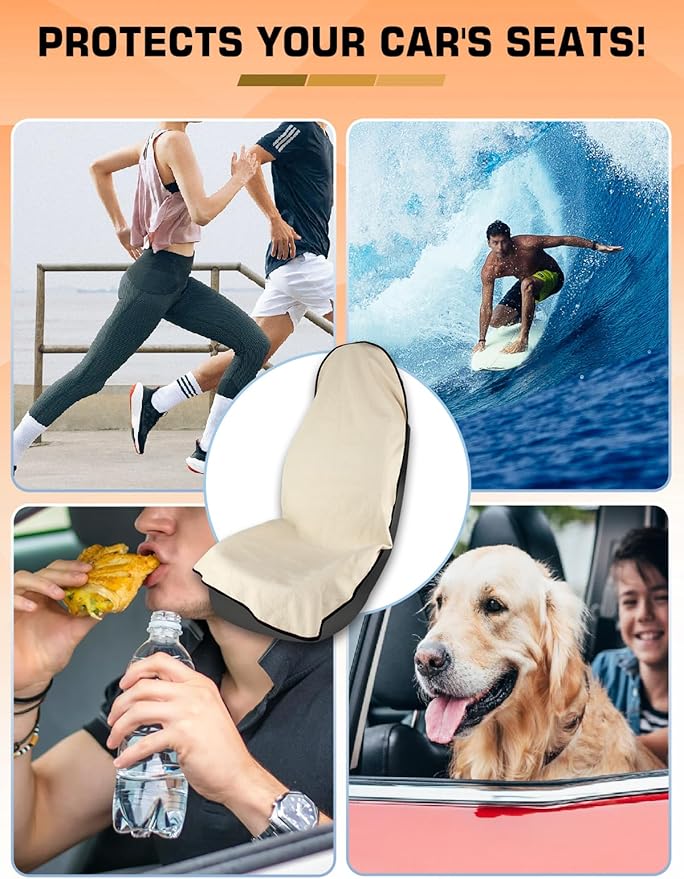550g Heavy Duty Towel Car Seat Cover, Waterproof Sweat Protector for Post-Gym & Beach, Non-Slip Microfiber Bucket Seat Mat for Sedans SUV Minivans, Machine Washable (Beige, 1-Pack)