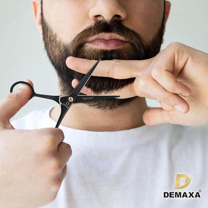 DEMAXA 5" Professional Mustache Scissors Beard Scissors for Men with Fine tip Tweezers 1 Mustache Comb 1 Beard Comb & Pouch – Beard Trimming kit & Mustache Kit (Black Shears With Tweezer)