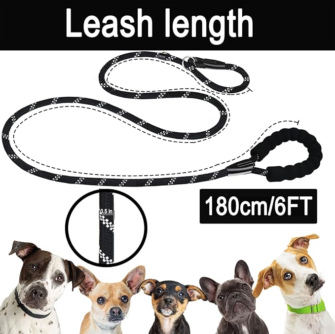 Dog Leash, 6 FT Heavy Duty Dog Leashes, Durable Premium Quality Strong Rope Slip Leash with Comfortable Padded Handle and Highly Reflective Threads for Small Medium and Large Dogs, (Black)