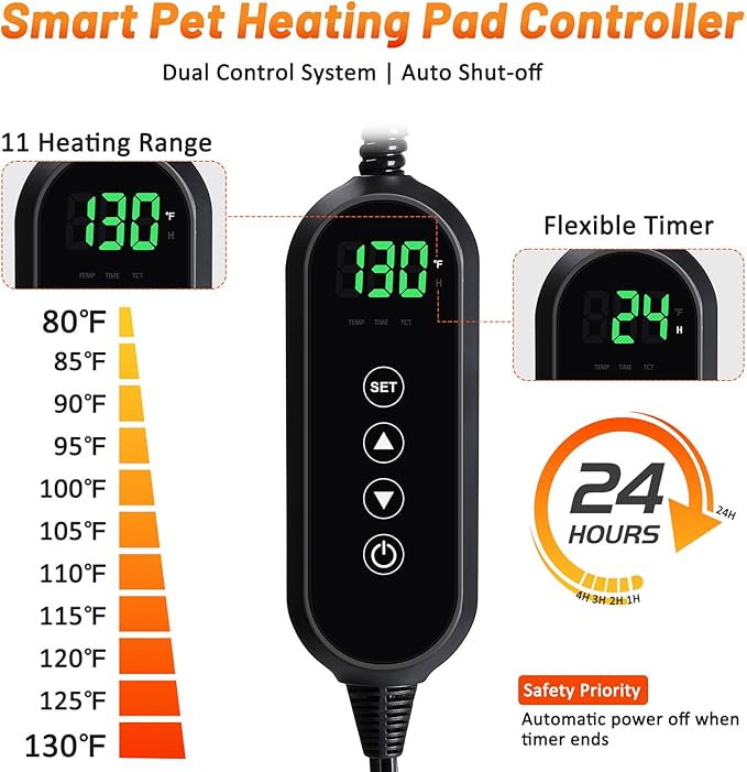 Cat Heating Pad, Waterproof Heated Cat Dog Bed with Adjustable Temperature & Timer, Electric Pet Mat for Indoor Cats Dogs, Chew Resistant Steel Cord（Large : 35"x24" Gray）