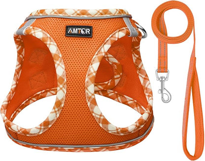 AMTOR Small Dog Harness with Leash Set, No Escape Easy Walk Puppy Harnesses for Training Walking, Step-in Reflective Soft Dogs Vest for XS S Medium Extra-Small Large Sized Dog(L Size,Orange/White)