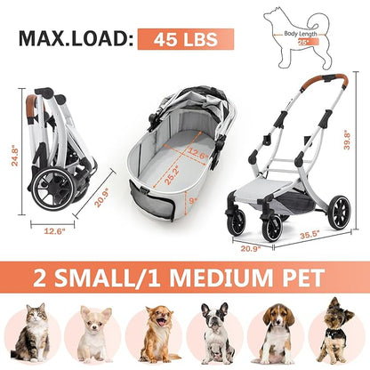 3 in 1 Pet Stroller for Small/Medium Dogs & Cats with Detachable Carrier, Storage Basket and Pet Pad, 4 Wheels Foldable Pet Travel Carrier for Car Seat & Hand Carry, Safe Outings (Khaki)