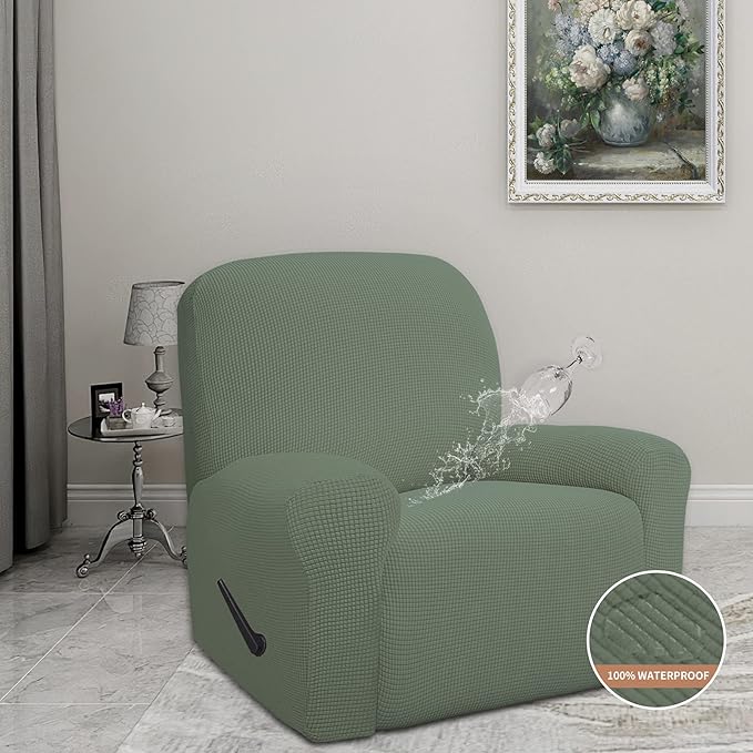 Easy-Going 100% Waterproof Recliner Cover, Dual Waterproof Couch Cover for Recliner, 1- Piece Jacquard Sofa Cover, Leakproof Sofa Slipcover for Kids, Pets, Dog and Cat (Recliner, Grayish Green)