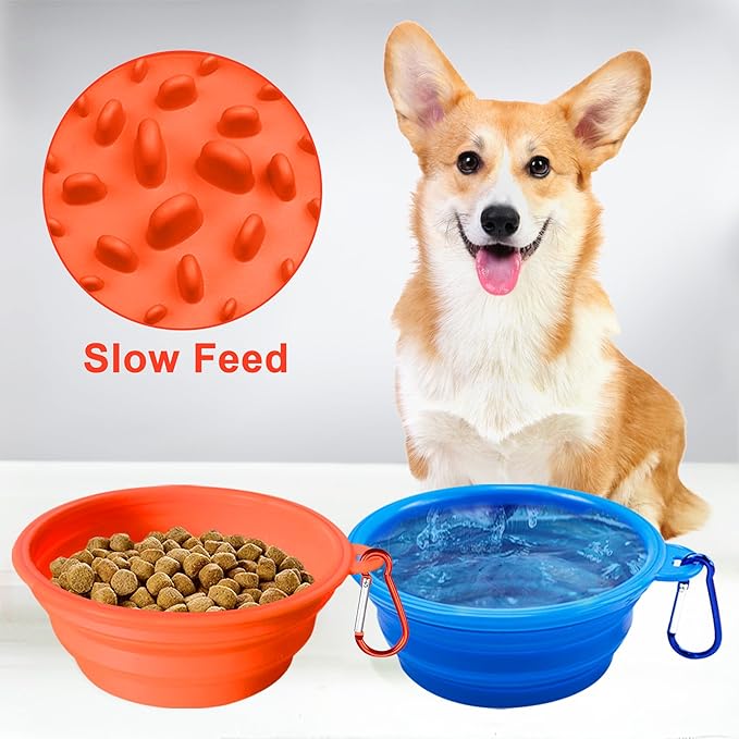 Large Collapsible Dog Bowls (34oz), 2 Pack 2 Colors Pet Travel Foldable Bowl and Slow Feeding Frisbee with Carabiners, Healthy, Soft Silicone, Portable Essential Set for Walking, Travel, and Hiking