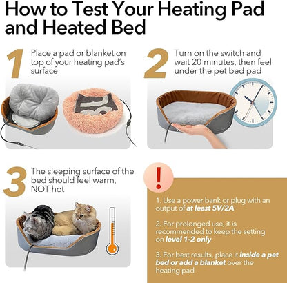 USB Pet Heating Pad – Turns Any Pet Bed Heated (Use Inside Bed), 5V/2A Required, 5-Temp & Timer, 140°F Auto Shut-Off, Waterproof Warmer for Cats/Dogs, Power Bank/Wall/Car Powered (12"x16")