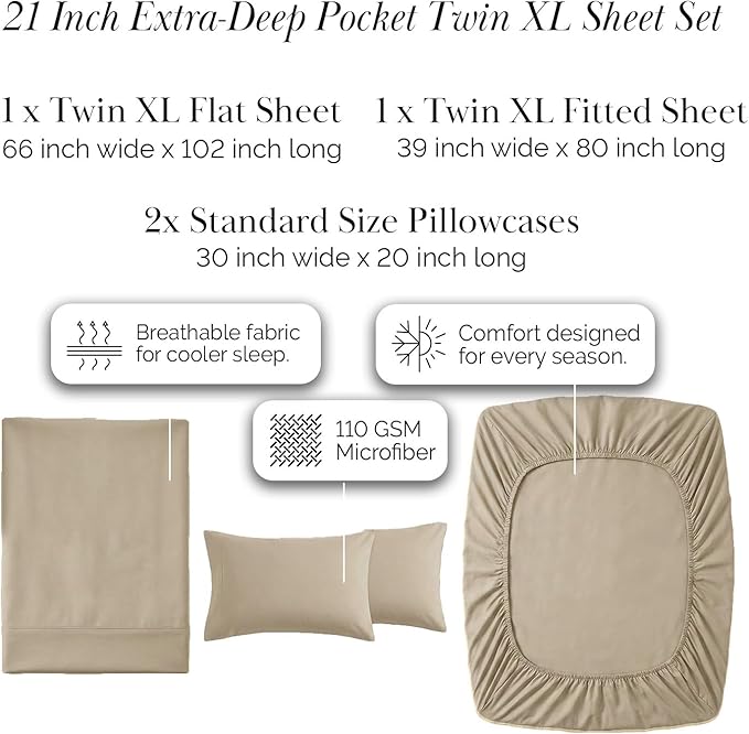 Southshore Fine Living, Inc. 4-Piece Twin XL Sheets Set, 21-Inch Extra Deep Pocket Twin XL Fitted Sheet, Oversized Flat Sheet, Microfiber Bedding, Taupe Pillow Cases Standard Size, Taupe Sheets
