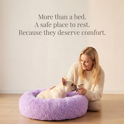 Calming Dog Bed for Medium Dogs Washable Donut 30 inches Anti-Slip Pet Bed,Round Fluffy Plush Faux Fur Cat Bed,Fits up to 45 lbs Pets,Purple