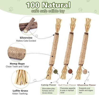 WOUSEDO 7 Pack Silvervine Sticks Cat Toy for Cats with Catnip & Matatabi Ball, Natural Chew Toys for Anxiety Relief & Dental Care, Teeth Cleaning Sticks for Indoor Cats & Kittens