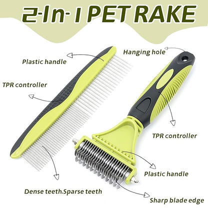 2-in-1 Dog Grooming Brush for Shedding & Dematting Comb for Dogs and Cats, Double Coat Undercoat Rake & Slicker Brush Pet Grooming Tool (Green)
