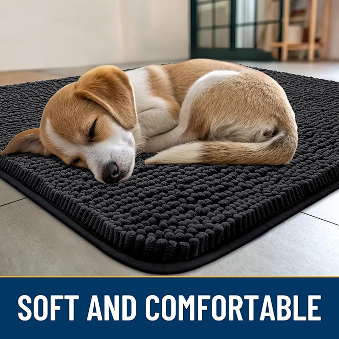 Smiry Dog Door Mat for Muddy Paws 44x24, Absorbs Moisture and Dirt Doormat, Non-Slip Washable Quick Dry Chenille Front Door Mat Indoor Entrance, Entryway Carpet for Inside Floor, Black