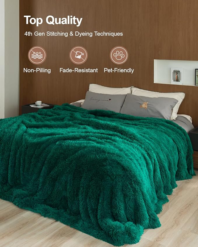 Pawque Faux Fur Blankets Queen Size 90x90 Inches, Soft Fuzzy Fluffy Blanket, Warm Thick Sherpa Long Hair Shag Reversible Lightweight Cozy Throw for Bedroom Sofa Couch, Green