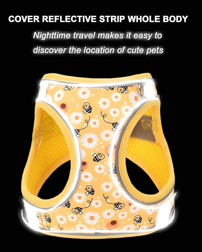 XXS Yellow Flower Pattern Dog Harness and Leash Set,No Escape Harnesses for Training Walking，Breathable Adjustable Puppy Vest for Small Medium Dogs, Cats (Yellow, XXS)